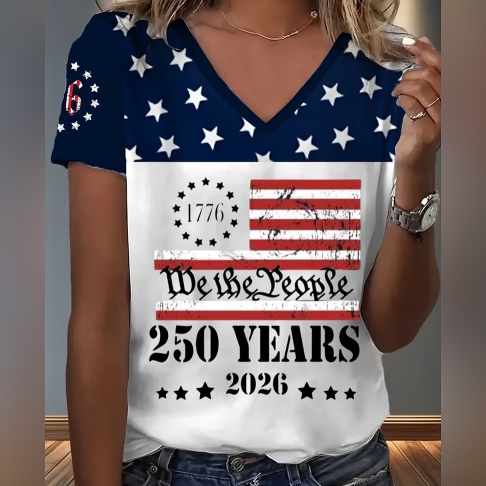Patriotic "We the People" V-Neck Tee - White & Navy